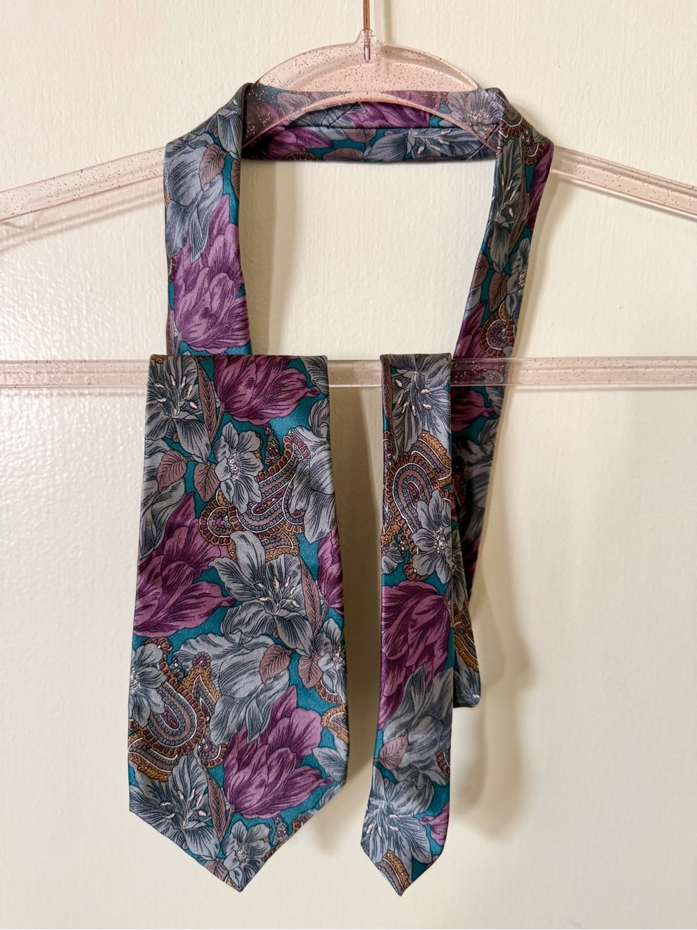 Pierre Cardin Floral Satin Scarf in Teal, Purple and Gray
